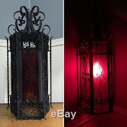 Vtg Antique Wrought Iron Spanish Revival Gothic Stained Glass Hanging Swag Lamp