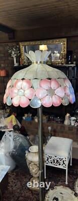 Vtg Bronze Capiz seashell Stained Glass Floor Lamp 65