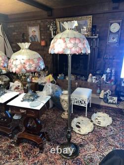 Vtg Bronze Capiz seashell Stained Glass Floor Lamp 65