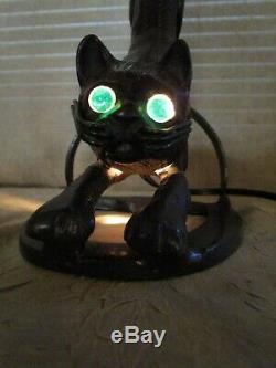 Vtg. Bronze metal Pouncing Cat Lamp GREEN LIGHT UP EYES With Stained glass Shade