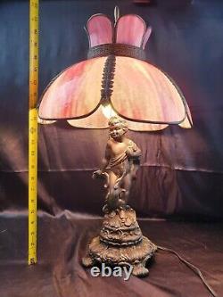 Vtg Figural Table Desk Lamp Hollywood Regency Cherub Angel pink stain glass