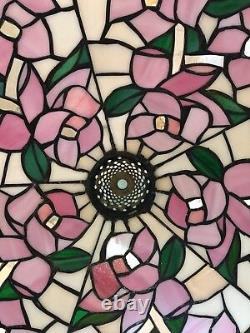 Vtg Large Tiffany Style Stained Glass Lamp Shade Leaded Slag Wh/Gr/ Pink Flowers