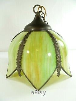 Vtg Retro Stained Slag Glass Hanging Swag Lamp Light Fixture Olive Green Tulip