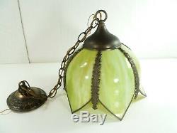 Vtg Retro Stained Slag Glass Hanging Swag Lamp Light Fixture Olive Green Tulip