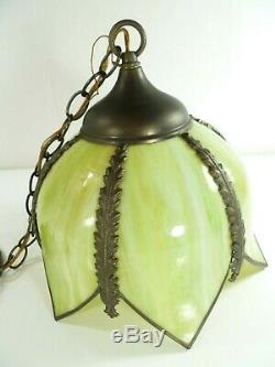 Vtg Retro Stained Slag Glass Hanging Swag Lamp Light Fixture Olive Green Tulip