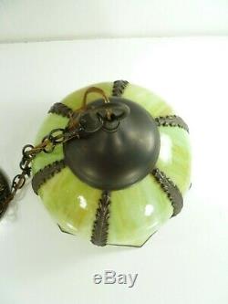 Vtg Retro Stained Slag Glass Hanging Swag Lamp Light Fixture Olive Green Tulip