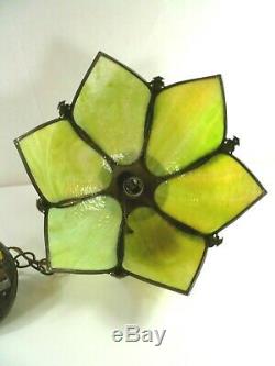 Vtg Retro Stained Slag Glass Hanging Swag Lamp Light Fixture Olive Green Tulip