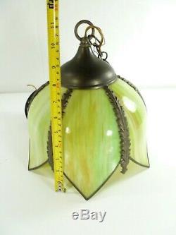 Vtg Retro Stained Slag Glass Hanging Swag Lamp Light Fixture Olive Green Tulip