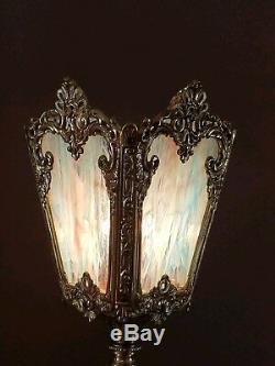 Vtg Stained Glass Cherub Crystal Ball Table Parlor Lamp Light
