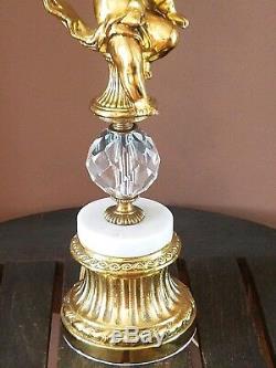 Vtg Stained Glass Cherub Crystal Ball Table Parlor Lamp Light