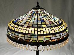 Vtg Stained Slag Glass Lamp Shade Arts & Crafts, Mission Large 20 Beaded Fringe