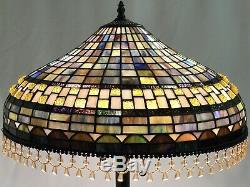 Vtg Stained Slag Glass Lamp Shade Arts & Crafts, Mission Large 20 Beaded Fringe