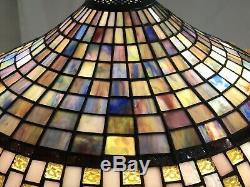 Vtg Stained Slag Glass Lamp Shade Arts & Crafts, Mission Large 20 Beaded Fringe