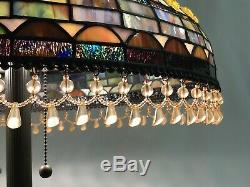 Vtg Stained Slag Glass Lamp Shade Arts & Crafts, Mission Large 20 Beaded Fringe