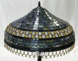 Vtg Stained Slag Glass Lamp Shade Arts & Crafts, Mission Large 20 Beaded Fringe