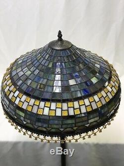 Vtg Stained Slag Glass Lamp Shade Arts & Crafts, Mission Large 20 Beaded Fringe