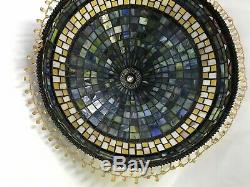 Vtg Stained Slag Glass Lamp Shade Arts & Crafts, Mission Large 20 Beaded Fringe