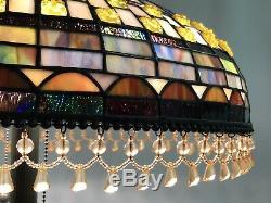 Vtg Stained Slag Glass Lamp Shade Arts & Crafts, Mission Large 20 Beaded Fringe