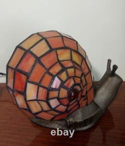 Vtg Tiffany Style Snail Accent Table Lamp Stained Glass Mosaic Bronze Tone Light