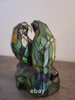 Vtg Tiffany Style Stained Glass Love Birds Parrots Table Lamp 12 Missing Beak