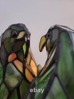 Vtg Tiffany Style Stained Glass Love Birds Parrots Table Lamp 12 Missing Beak