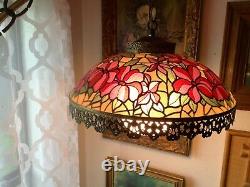 Vtg mid century modern retro Lamp Hanging Ceiling Swag Chandelier Stained Glass