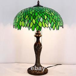 WERFACTORY Tiffany Style Table Lamp Stained Glass Bedside Lamp Green Wisteria