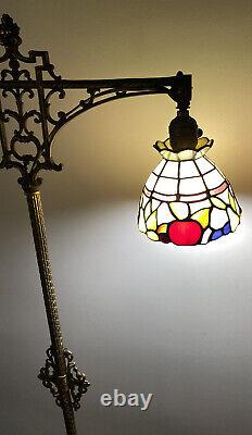 WORKING Tiffany-Style Stained Glass Antique Floor Lamp Brass / Cast Iron Rare