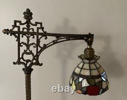 WORKING Tiffany-Style Stained Glass Antique Floor Lamp Brass / Cast Iron Rare