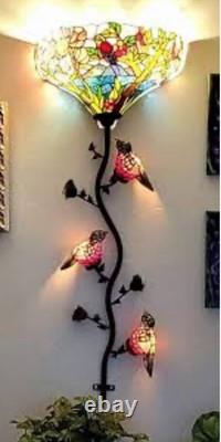 Wall Lamp Tiffany Style Stained Glass Wall Sconce Light Birds Vine Flowers Long