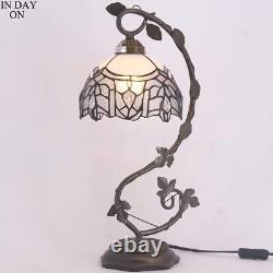 White Bend Stained Glass Style Table Lamp, Metal Leaf Base 8X10X21 Inches