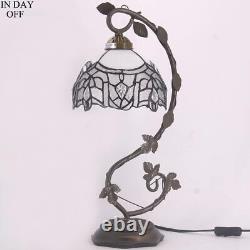 White Bend Stained Glass Style Table Lamp, Metal Leaf Base 8X10X21 Inches