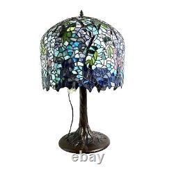 Wisteria Tiffany Style Lamp Blue Purple Stained Glass Reproduction Bronze Trunk