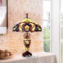 Yellow Jeweled Tiffany Inspired Victorian Stained Glass Table Lamp with Lit Base