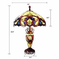 Yellow Jeweled Tiffany Inspired Victorian Stained Glass Table Lamp with Lit Base