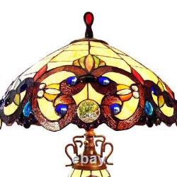 Yellow Jeweled Tiffany Inspired Victorian Stained Glass Table Lamp with Lit Base